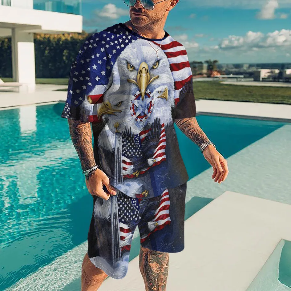 Summer Men Casual T-shirt Sets For Man Tracksuit Fashion 2-piece Oversize Outfit Animal Lion Tiger Suit Gym Streetwear