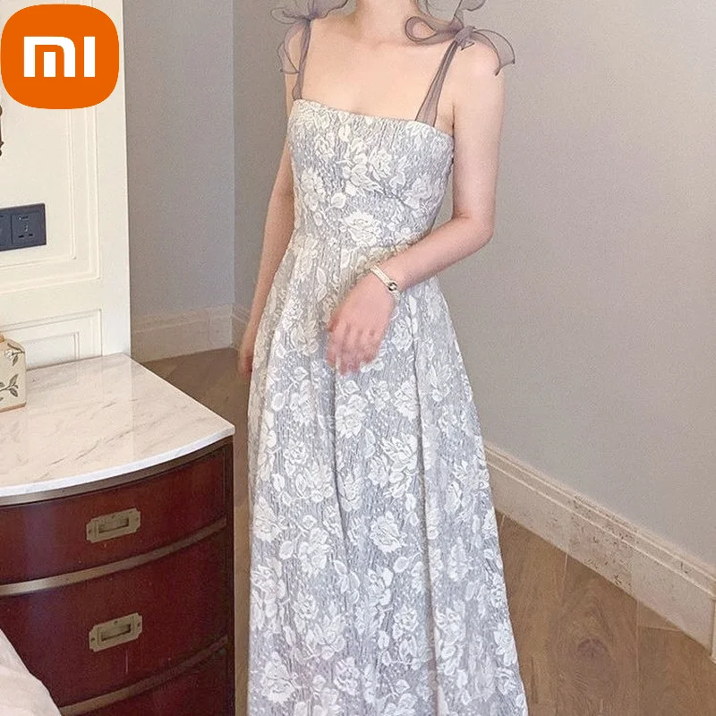 

XIAOMI Summer Strap Vintage Dress Women Bow Lace-up A-line French Elegant Dresses Chic Holiday Sexy Ladies Party Long Dress