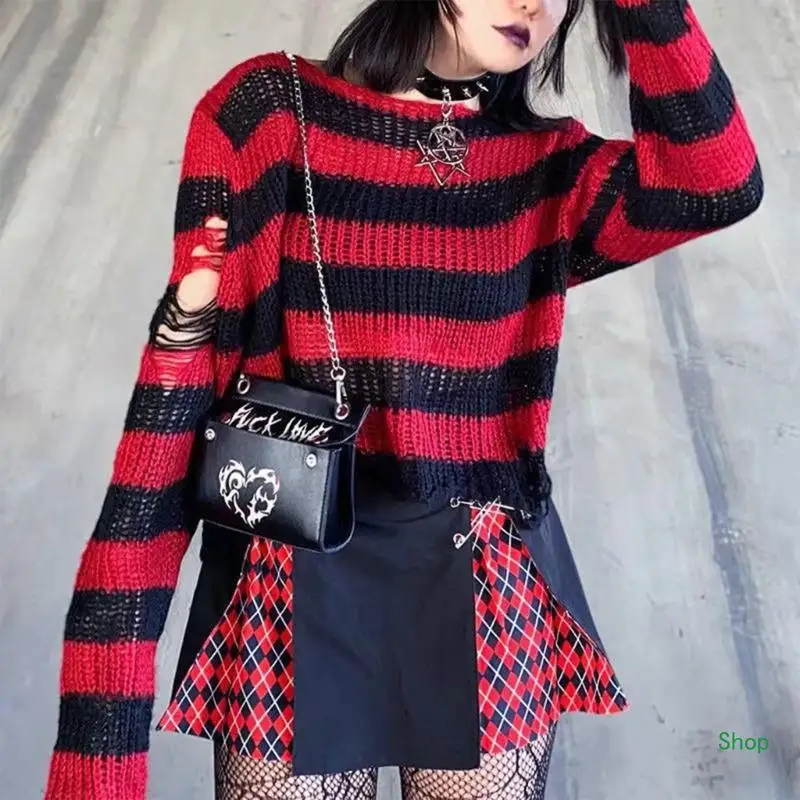 

L5YC Women's Cropped Sweater Neck Long Sleeve Crop Sweaters Striped Pullover