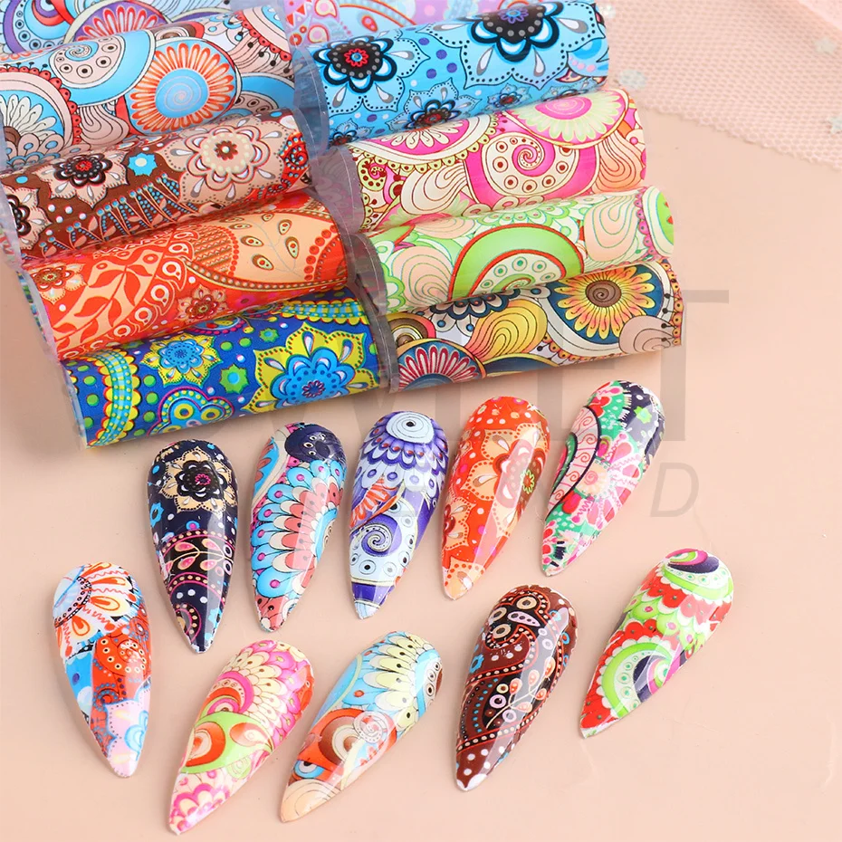 10pcs Graffiti Nail Stickers Foil Slider Graphic Retro Bohemian Mandala Flower Leaf Texture Manicure Art Decorations BE1028 - купить по