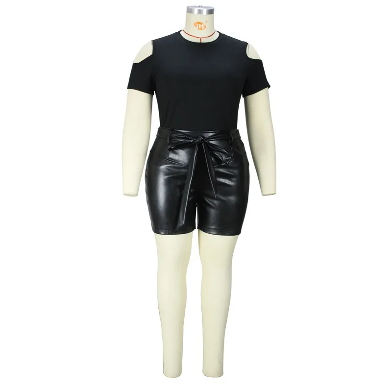 Plus Size Matching Sets Fashion Solid Off The Shoulder Top Short Sets Conjuntos Cortos Black Sexy Buttocks PU Leather Shorts Set