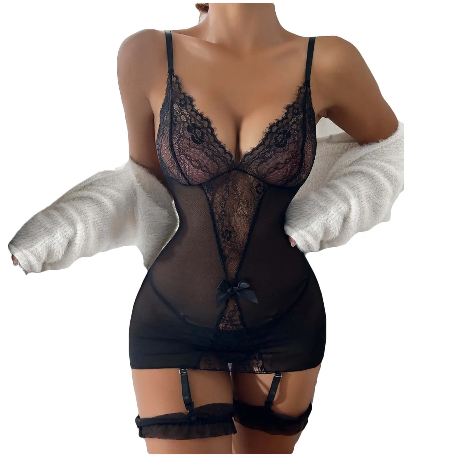 

Женское сексуальное нижнее белье, кружевная ночная рубашка с бантом, кружевное нижнее белье, сексуальная одежда для женщин, эротический бель