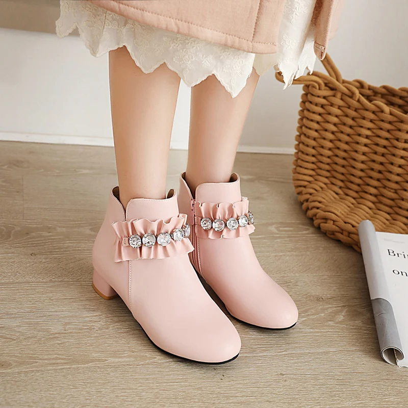 

Sweet Crystal Decoration Women Ankle Boots Pu Leather Round Toe Square Heels Shoes for Woman Winter Warm Short Plush Short Boots