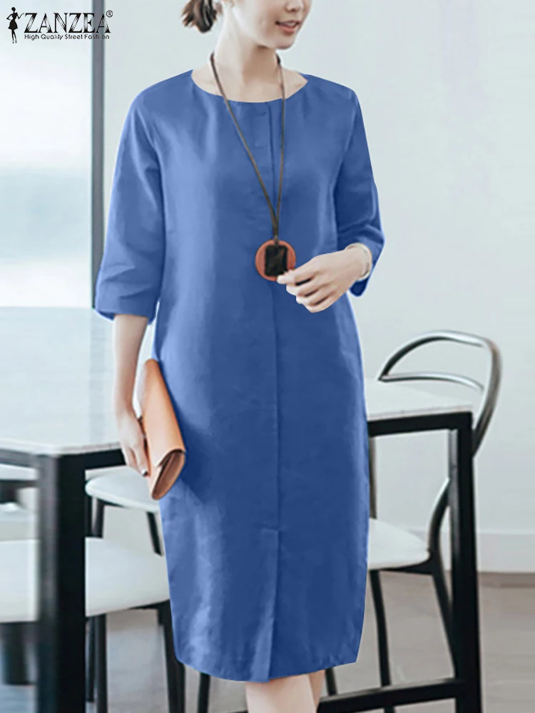 

Платье ZANZEA средней длины с круглым вырезом и рукавом 3/4, осенние женские платья, однотонные платья до колен, Элегантные повседневные праздни...