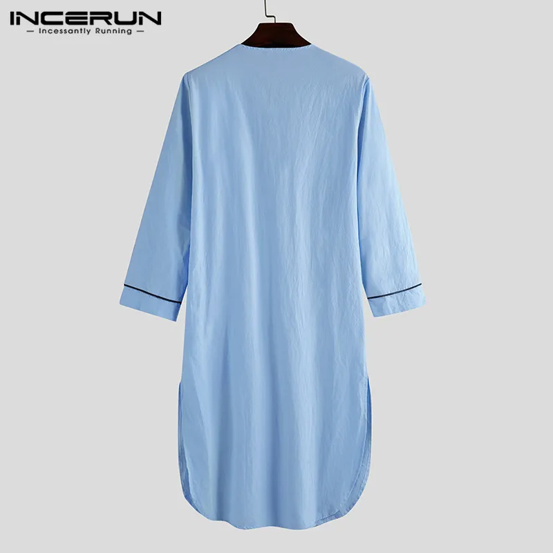 2023 Casual Men's Long Sleeve Sleep Robes Homewear V Neck Button Cozy Bathrobe Leisure Male Pajamas Nightgown Loungewear INCERUN