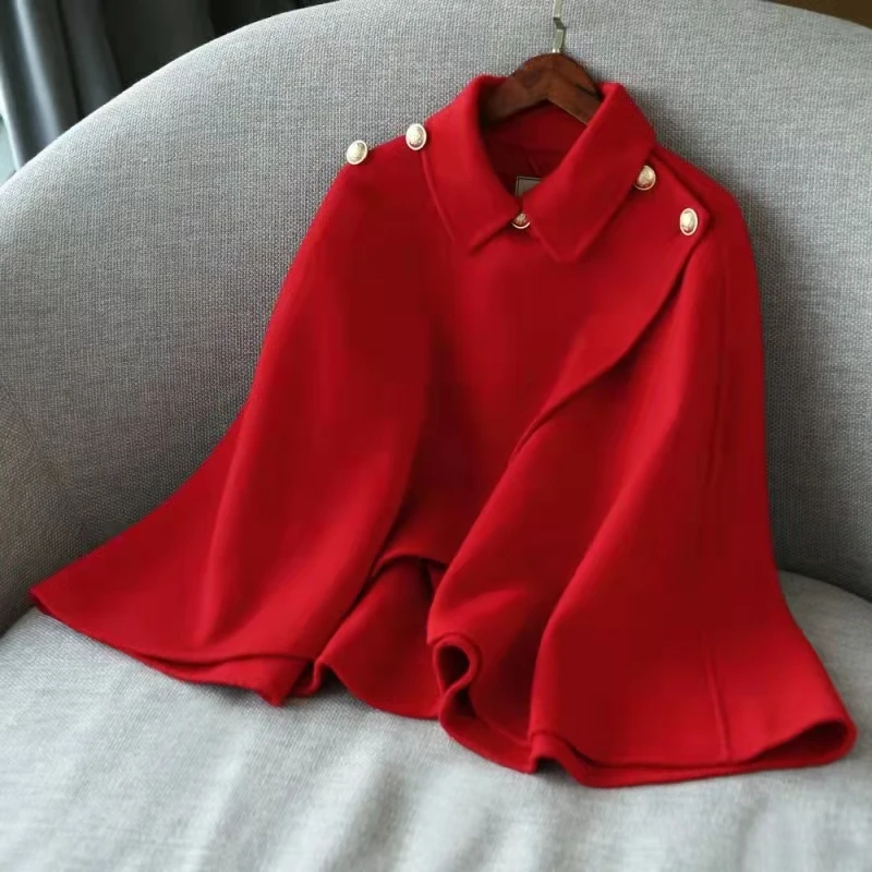 Abrigo de doble botonadura con manga de murciélago para mujer, capa con capucha de piel roja, Poncho de Tweed de lana, grueso, cálido, suelto, Otoño e Invierno