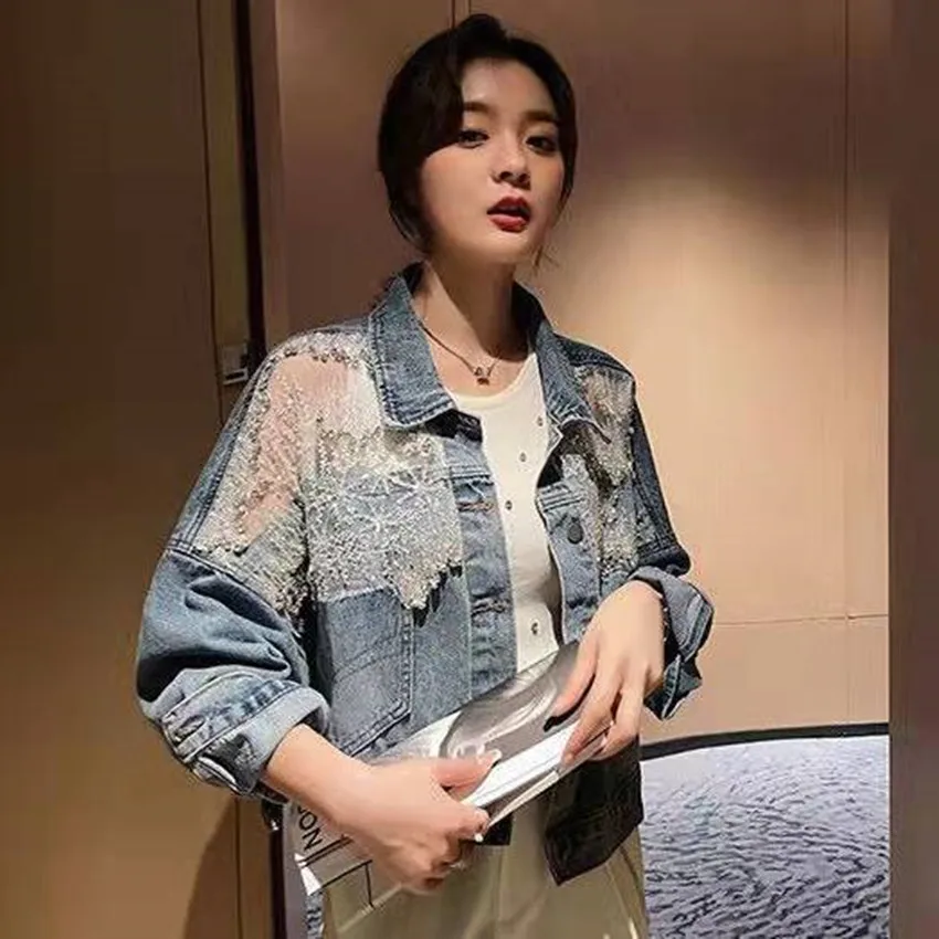 

Женская джинсовая куртка, облегающий короткий топ с длинными рукавами и блестками, осень 2022