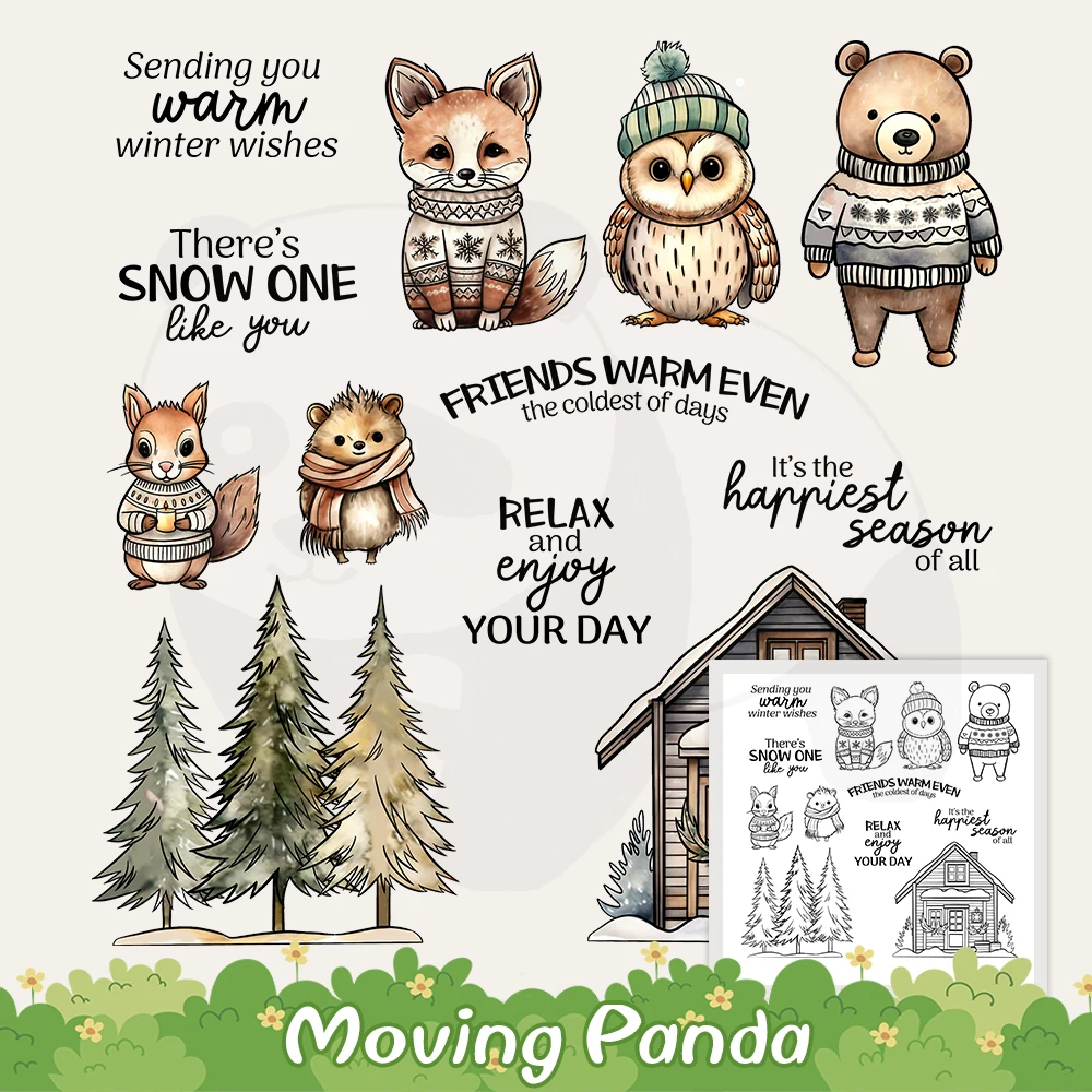 

Winter Animals Tree Cottage Cutting Dies Clear Stamp DIY Scrapbooking Metal Dies Silicone Stamps For Cards Albums Crafts Decor