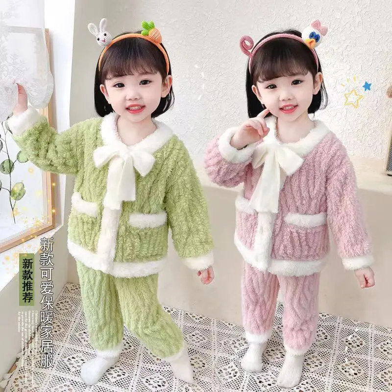 

Girls' Velvet Pajamas Flannel Autumn And Winter Girls' Baby's Thickened Winter Coral Velvet Suit 2023new Children's Home Clothes