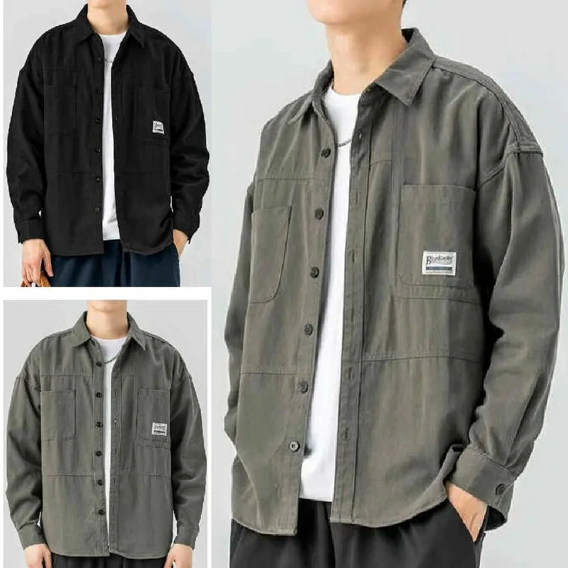 Men Shirt Cargo Shirt Men's Fashion Student Casual Long-Sleeved Shirt Large Pocket Shirts Washed Cotton Workwear