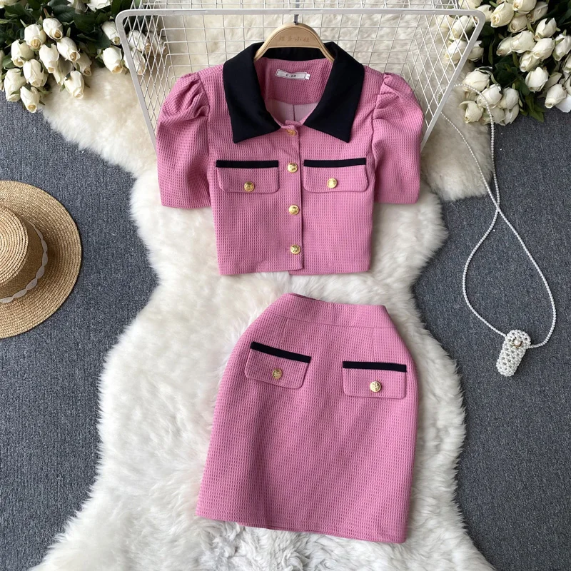 

Spring Summer 2023 New Fashion Contrast Suits Women's Lapel Short Sleeve Short Shirt Tops + Wrap Hip Skirt Two-piece Sets J639