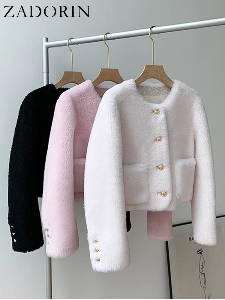 

ZADORIN Sweet Winter Fluffy Fur Jacket Women O Neck Long Sleeve White Pink Black Faux Sheep Fur Coat Women Trend Short Fur Coats
