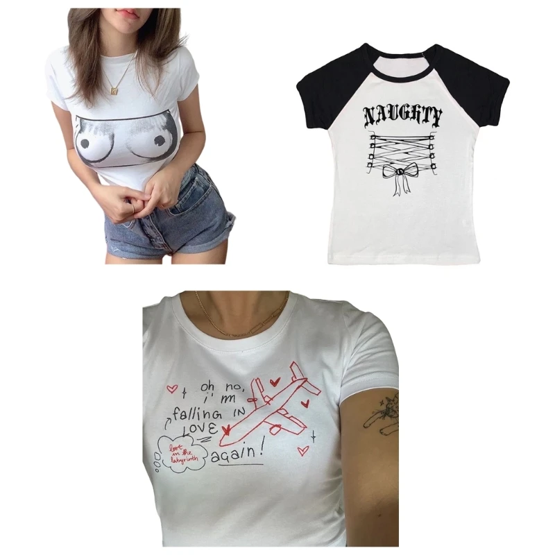 

Women Aesthetic Short Sleeve T-Shirt Personality Funny Graphic Slim-Fit Crop Top DropShip