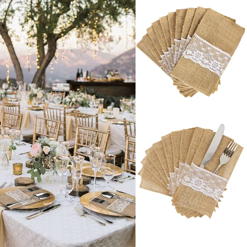 

5pcs Burlap Lace Cutlery Pouch Jute Tableware Knife Fork Vintage Bag Rustic Wedding Party Birthday Table Decoration Accessories