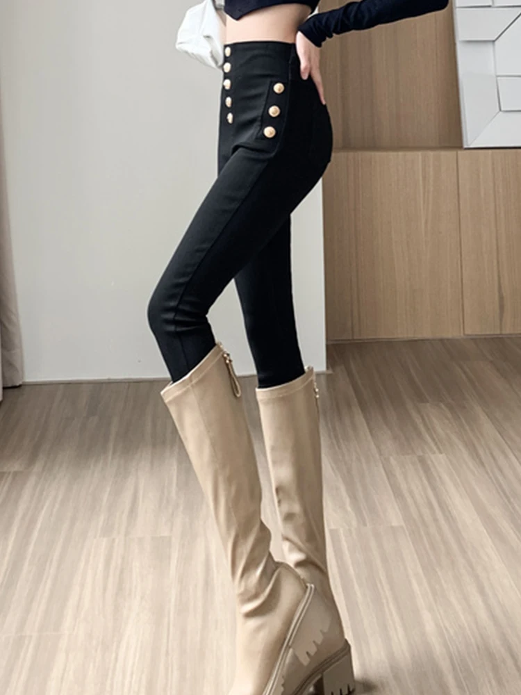 

Temperament High Waist Breasted Black Pants Slim Elastic Pencil Pants 2022 Autumn New Fashion Women'S Clothing