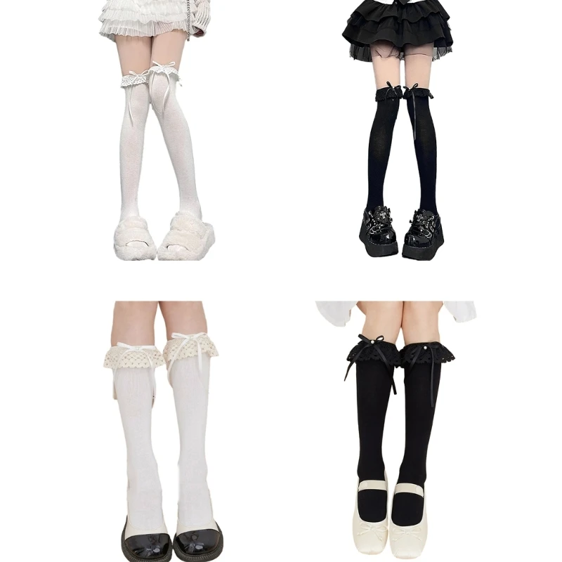 

1 Pair Ruffle Calf Socks Calf Tube Frilly Socks Ballet Socks for Girl with Bows Lace Top Sock Princess Style Dress Socks