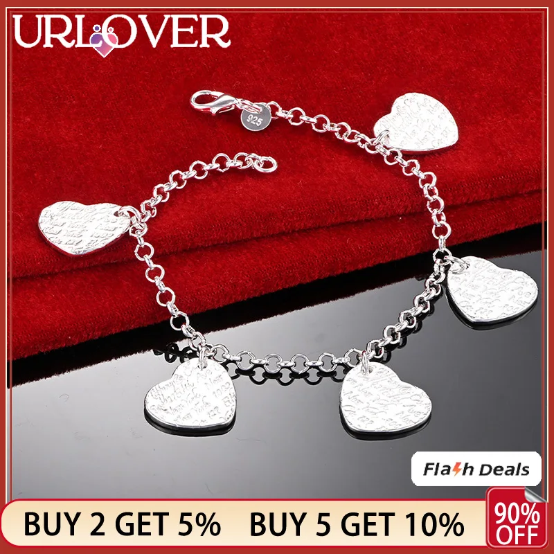 

URLOVER 925 Stamp Silver Color 20cm Heart Carving Pattern Bracelets For Woman Wedding Party Fashion Luxury Jewelry Birthday Gift