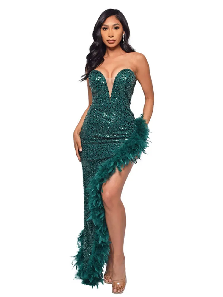 

Sequin Feather Prom Strapless Backless Dresses Night Club Outfits For Women Party Sexy Clubwear Bodycon Slit Asymmetrical Dress