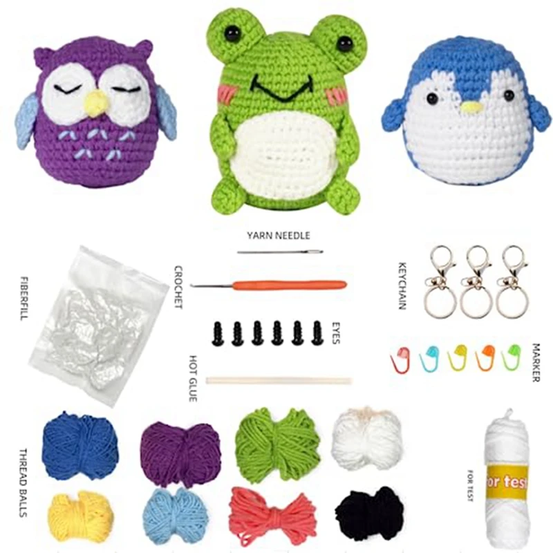 

Crochet Kit Acrylic 3 Pattern Animals - Frogs,Owls,Penguins For Beginners,Crochet Kit For Adults Kids Beginners