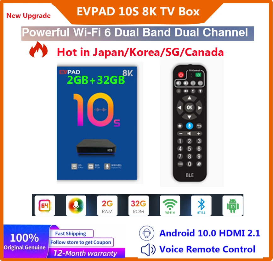 

[Genuine]2023 evpad 10P 4gb 64gb EVPAD 10S 8k tv box hot in Korea Japan Singapore USA CA UK newzland Australia pk Svicloud 9p