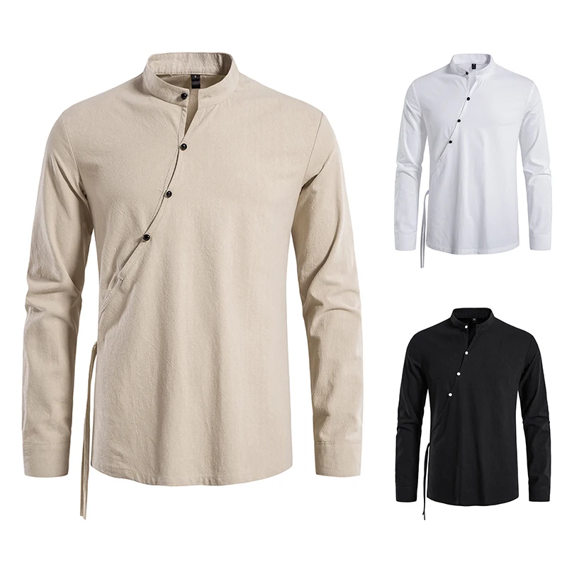 

New Men's Linen Long-Sleeve Shirt Diagonal Front Vintage Solid Color Shirt Breathable Loose Large Size Top Spring 2022