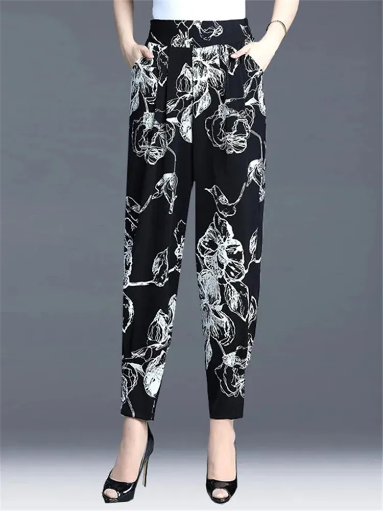 

Chiffon Pants Women's Loose Elastic High-Waist Nine-Point Harem Pants 2022 Spring Summer Casual Pocket Black Trousers Female