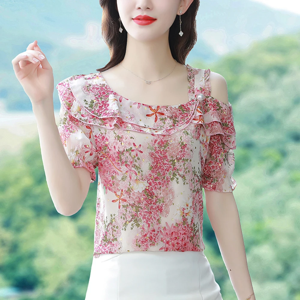

M-4XL Summer Chiffon Shirts Women Short Sleeves Fashion Ruffles Off Shoulder Statement Shirts women's Print Blouse Tops