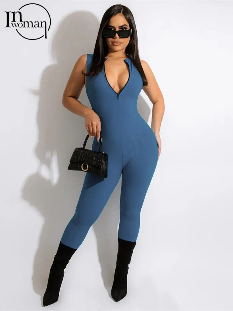 

Inwoman Summer Sexy Bodycon Romper Women Jumpsuit 2022 Sleeveless Zipper Jumpsuits Black Blue One Piece Set Women Jumpsuits