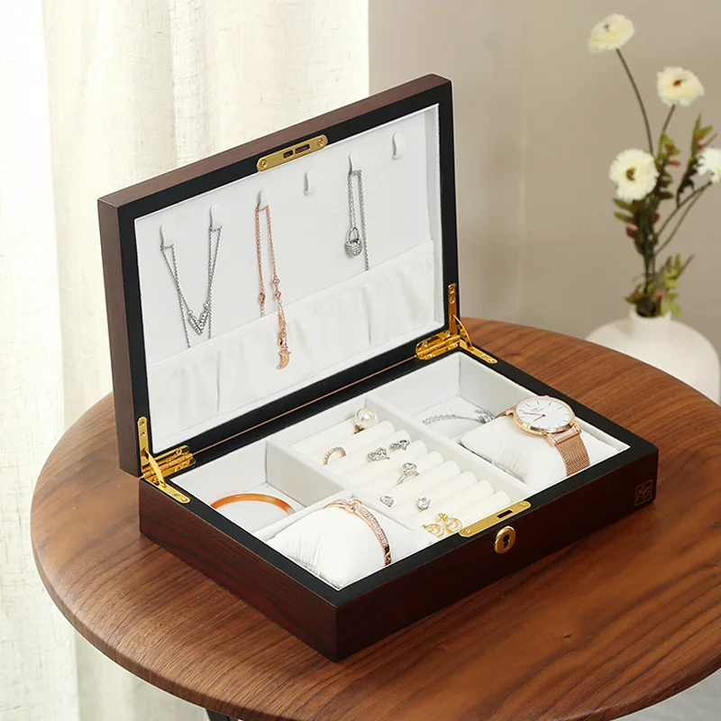 

Jewelry Storage Box for Women, Rustic Wooden Organizer Box with 6 Compartments for Earrings Rings Necklace Bracelets Storage