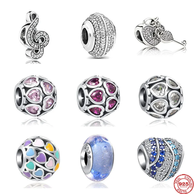

New White Pave Key Lock Pink Rose Red Heart Ribbon DIY Fine Beads Fit Original Pandora Charms Silver 925 Bracelet Jewelry F072