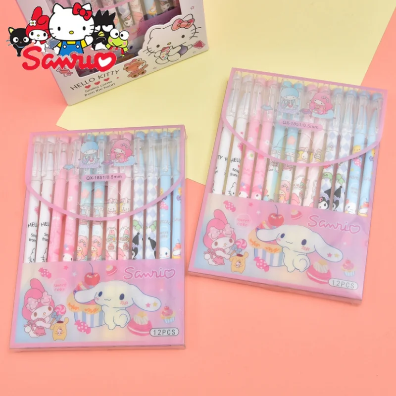 

12Pcs Mix Color Sanrio Melody Kuromi Hello Kitty Cinnamoroll Pochacco Cute Erasable Pen Pen Student Stationery Blue Black Pen