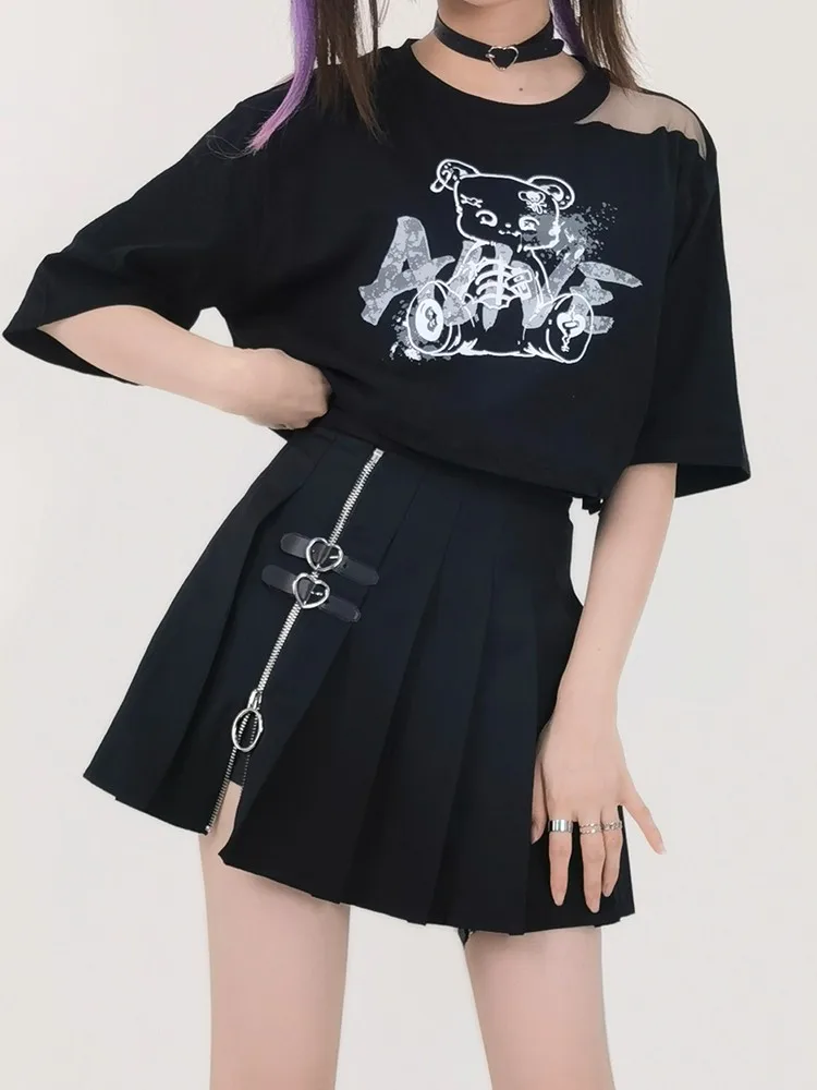 

Goth Black Sexy Punk Girls Lolita Set Top Skirt Zipper A Line High Waist Summer Fashion Sweet Kawaii Cute Girls Clothes