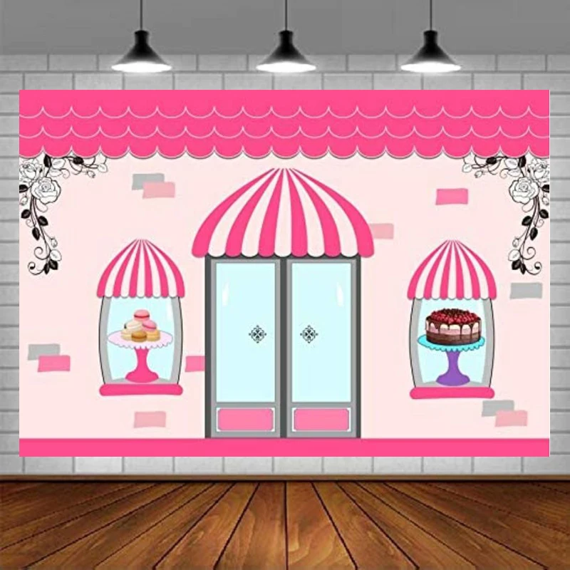 

Photography Backdrop Sweet Shop Storefront Showcase Dome Pink Striped Shield Cakes Photo Background Baby Girl's Birthday Banner