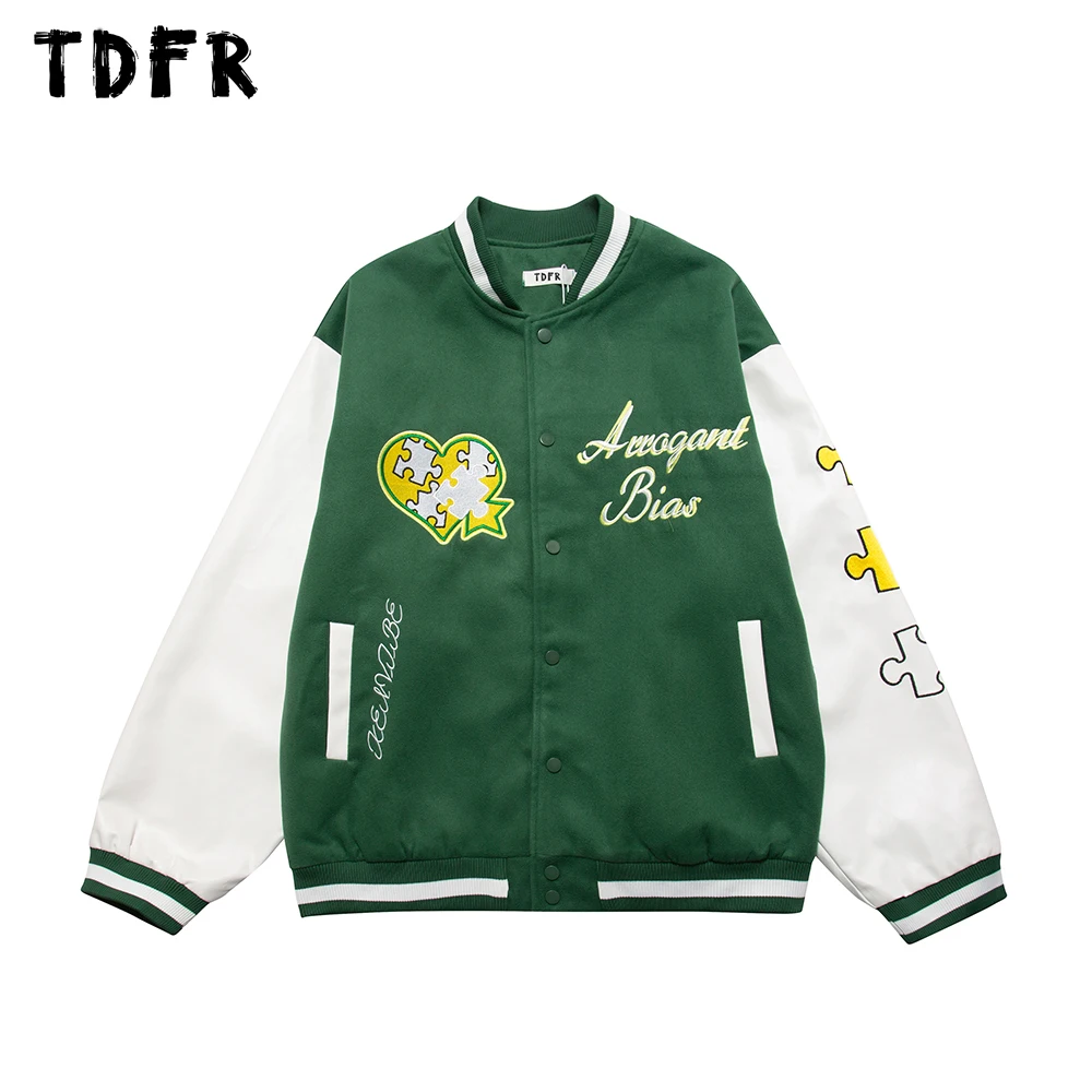 

Puzzle Embroidery Baseball Jacket Mens Letter Streetwear Casual Loose Stand Collar Single Breasted Outerwear Men