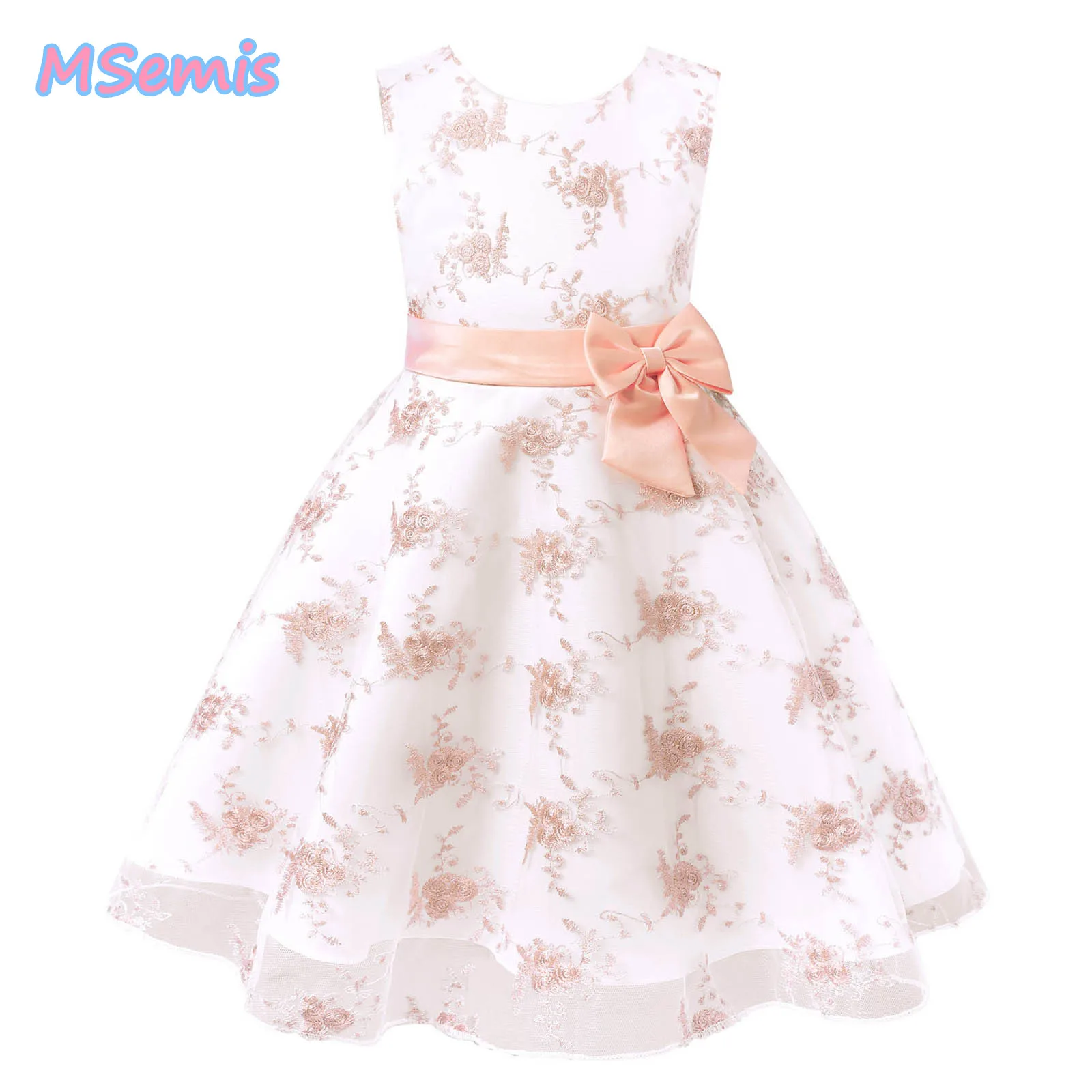 

Kids Girls Sleeveless Sequins Embroidered Flower Bow Back Hidden Zipper Mesh Tutu Dress Princess Birthday Wedding Party Dress