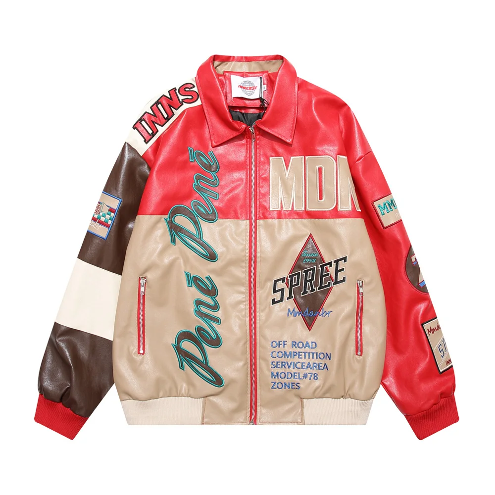 

Embroidery Splice Leather Jacket Women Men Streetwear Hip Hop Loose Vintage Baseball Motorcycle Jacket Unisex Coat Outerwear