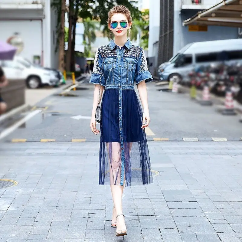 

2022 summer women's dress slim fit and sharp flare sleeve nail bead hollowed out mesh denim stitching dress