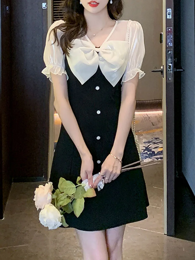 

Новинка 2023, элегантное милое тонкое женское платье во французском стиле, ТРАПЕЦИЕВИДНОЕ Сетчатое мини-платье на пуговицах, шифоновое женское летнее платье с бантом