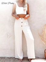 wildpinky casual elastic waist loose wide leg pants for women spring summer new female buttons white pants ladies long trousers