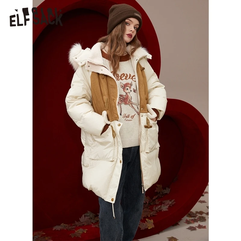 ELFSACK Collar Detachable Spliced Down Coats Women 2022 Winter Warm Mid-length Outwears