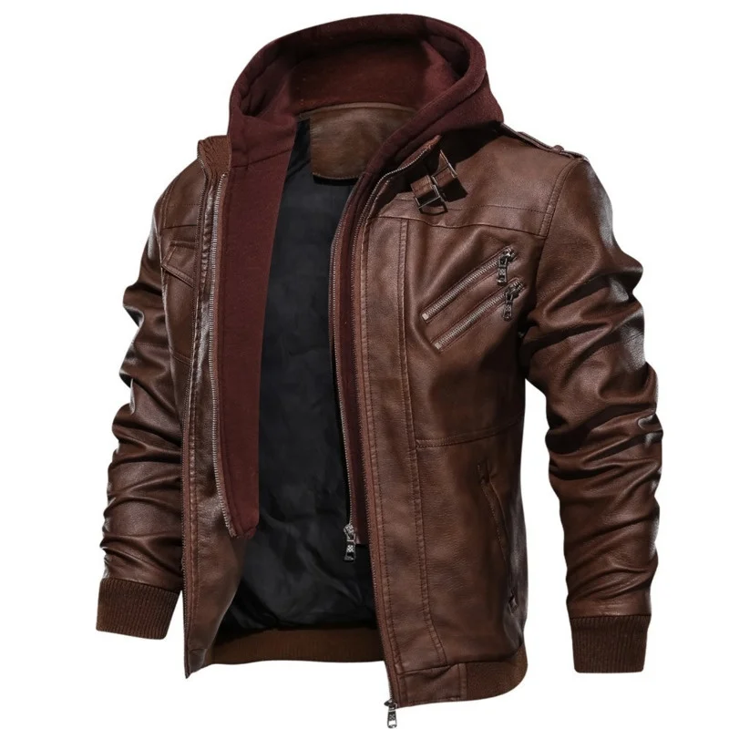 PFHQ Hooded Zipper Decoration Stitching Plus Velvet Thick Casual PU Leather Jacket Autumn Winter New Fashion Men's Coat 21B9973 images - 6