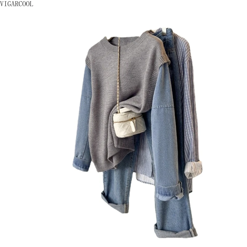 

Retro Lazy Denim Patchwork Sweater for Women in Autumn and Winter 2023 New Design Sense Niche Fake Two Piece Knit Casual Top