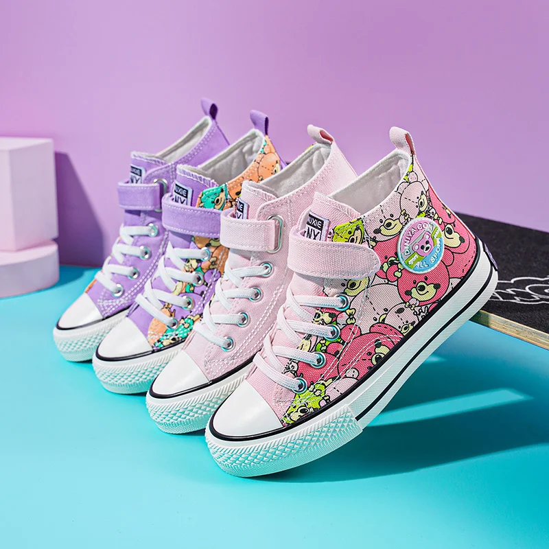 2022 Spring Fashion Red Cartoon Print Canvas Shoes for Girls High top Kids Sneakers Skateboard Flat Children Shoes basket fille