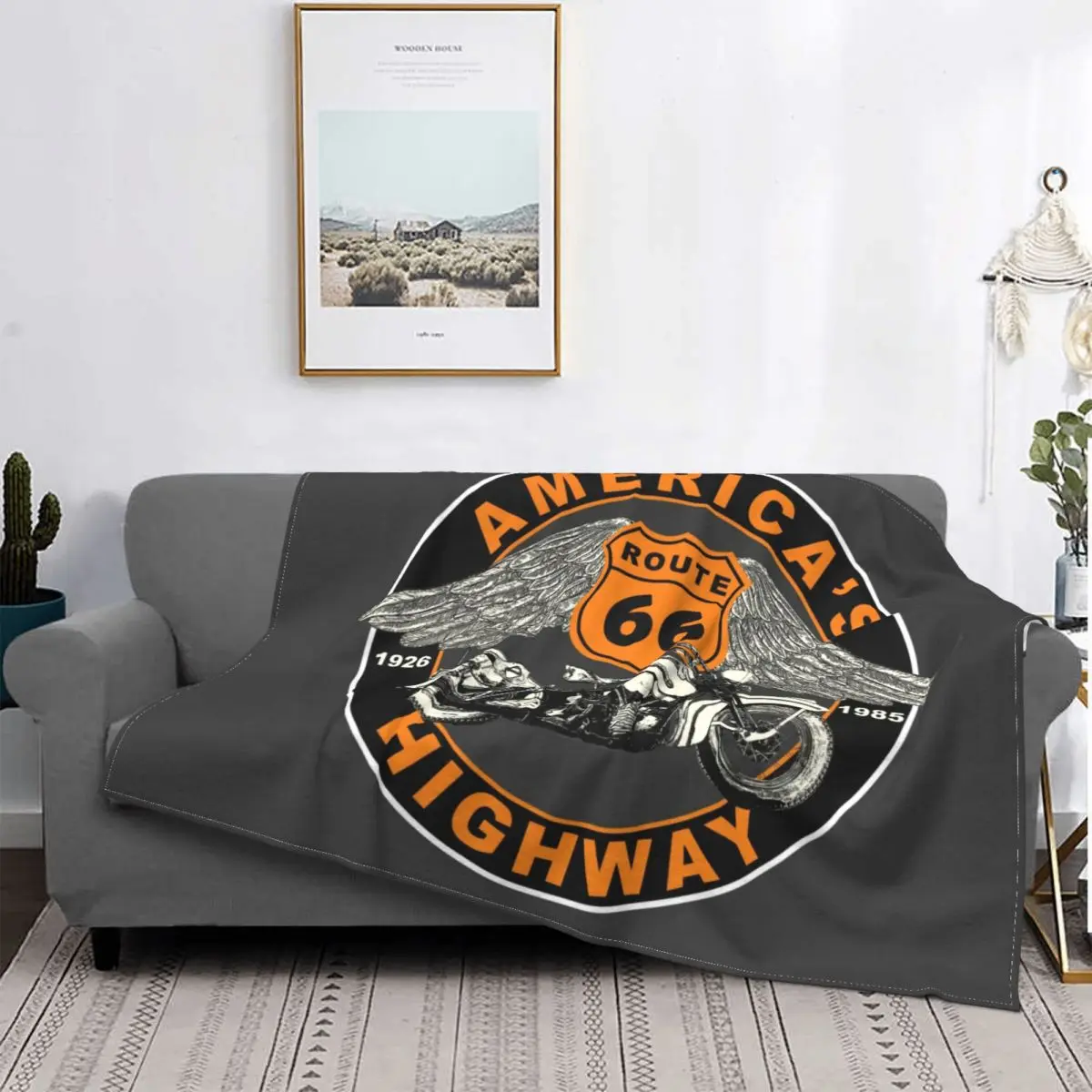 

Route 66 Americas Highway Blanket Warm Fleece Soft Flannel US 66 Motorbike Throw Blankets for Bedroom Couch Outdoor Autumn