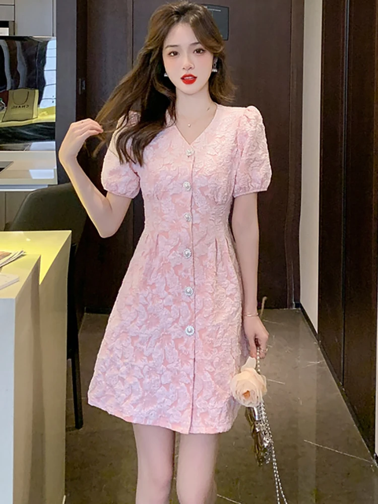 

2022 Pink Jacquard Puff Sleeve V-Neck Sexy Mini Dress Women Korean Fashion Elegant Dress Summer Bodycon Casual Party Night Dress