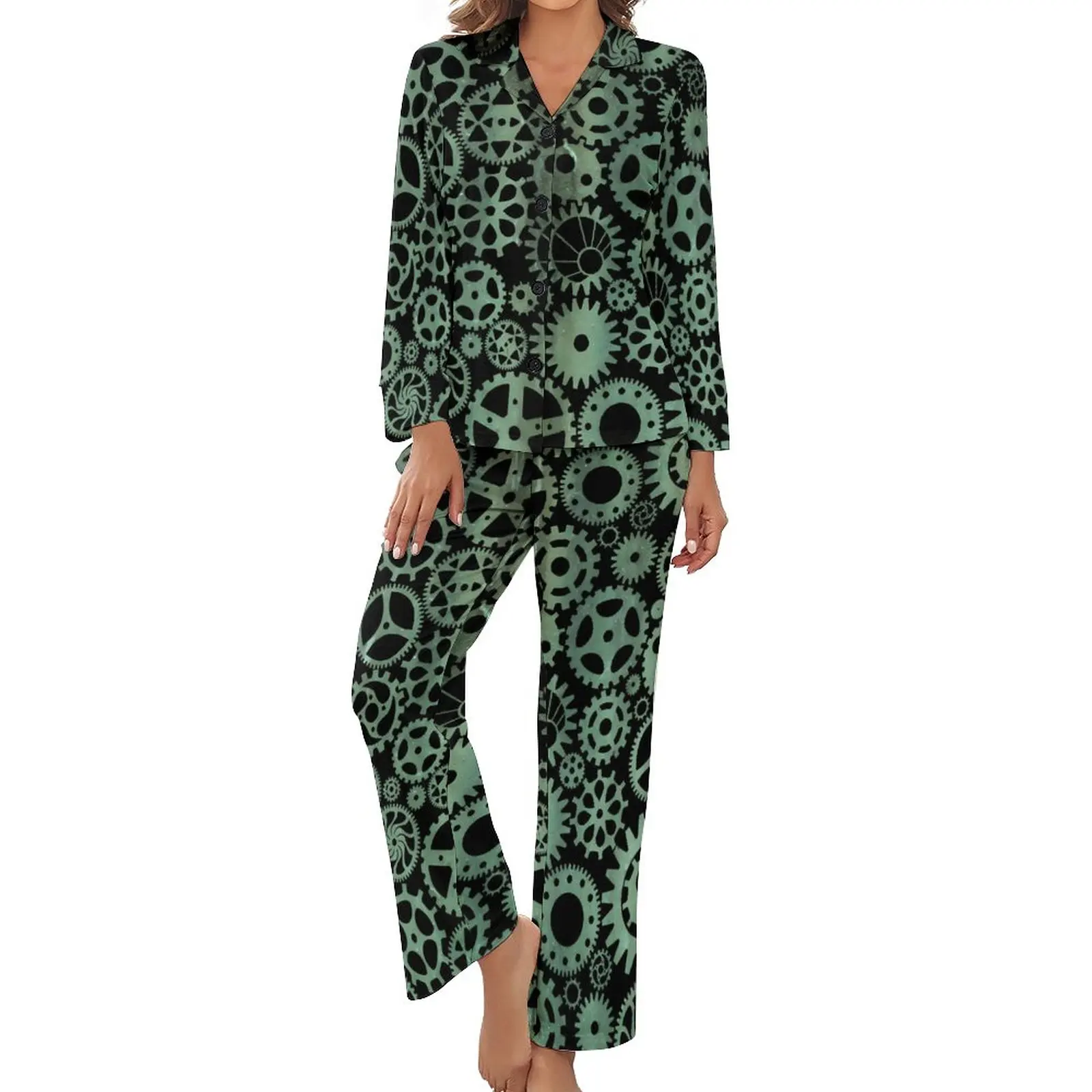

Steampunk Print Pajamas Verdigris Bronze Bedroom V Neck Sleepwear Women 2 Pieces Custom Long Sleeve Fashion Pajama Sets