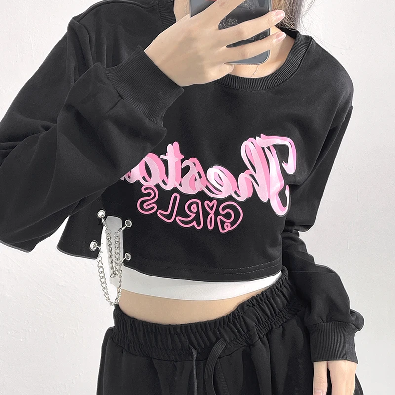 

Женский костюм-Толстовка Y2K, черный пуловер в готическом стиле с цепочкой, облегающие свитшоты, Женская милая Уличная Одежда для танцев в ст...