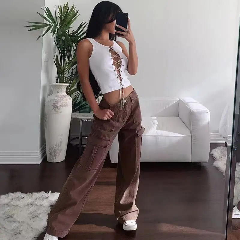 

Rockmore Brown Vintage Baggy Jeans Women 90s Streetwear Pockets Wide Leg Cargo Pants Low Waist Straight Denim Trousers 2022