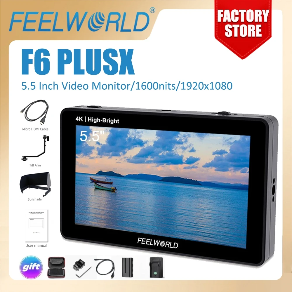 7-дюймовый монитор FEELWORLD F6 PLUSX, высокая яркость, 1600 нит, сенсорный экран IPS FHD1920x1080 4K HD DSLR-камера, полевой монитор