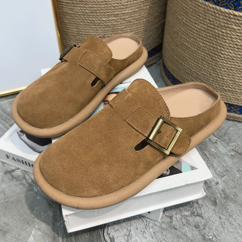 

Candy-Colored Soft Leather Bag-Head Half Slippers for Women New Arrival Grandma Outdoor Casual Flat Peas Lazy Shoes